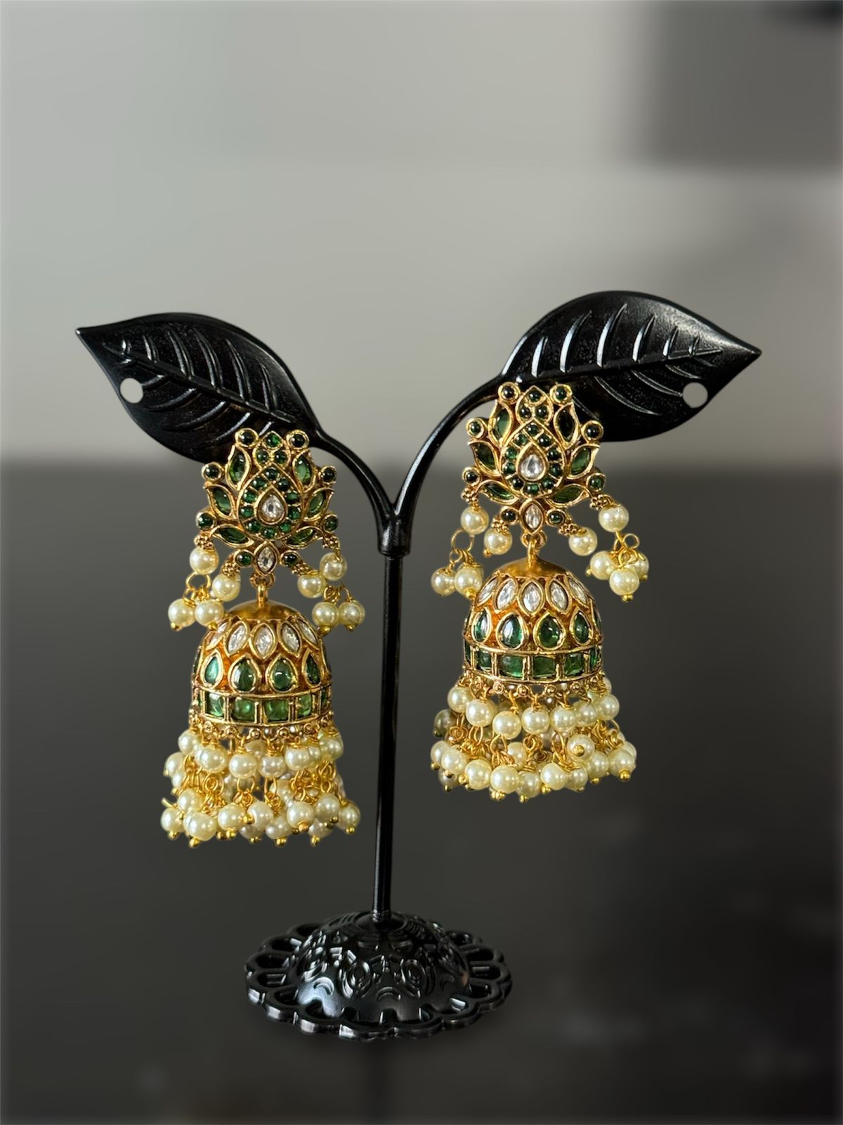 Green Kemp Lotus Jhumka with Pearl drops 