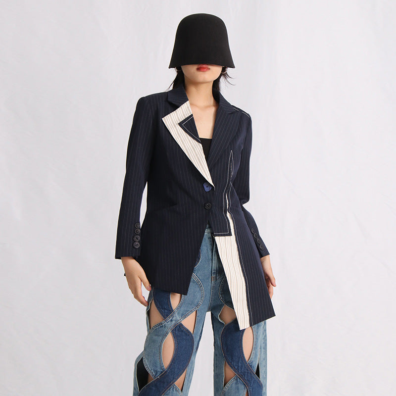 Irregular Fashion Design Sense Patchwork Stripes Coat Tight Waist Slimming Commuting Style Suit Jacket