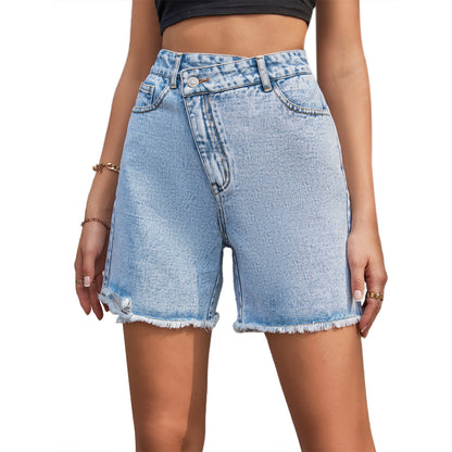 Women's Fashion High Waist Loose And Slimming Raw Edge Denim Shorts