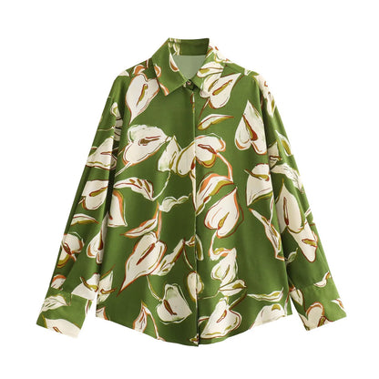 Women's Lapel Long Sleeve Flower Print Loose Shirt