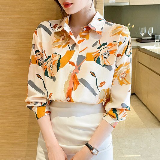 Spring Design Sense Retro French Temperament Printed Chiffon Long-sleeved Shirt For Women