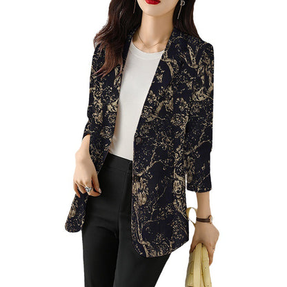 Women's Button Printed Long-sleeved Pocket Vintage Cotton And Linen Blazer