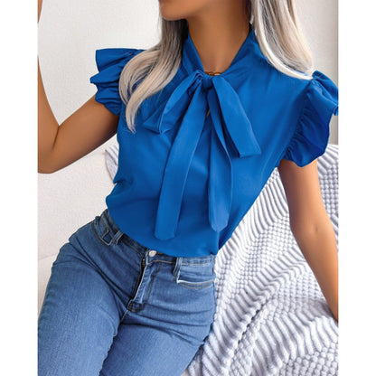 Summer Solid Color Minimalist Bowknot Short Sleeve Shirt