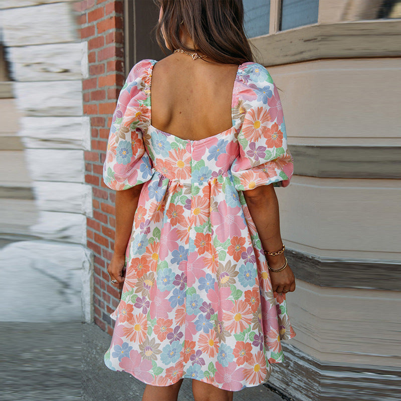 Summer New Floral Print Backless Short Sleeve Dress Women