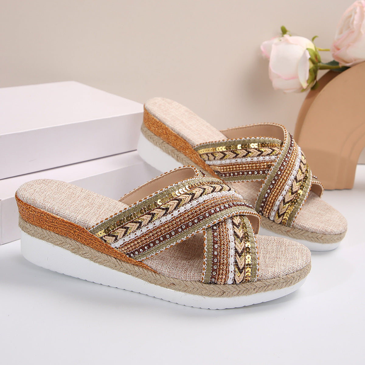 Linen Wedge Sandals Summer Ethnic Style Cross-strap Sandals For Women Non-slip Slides Beach Shoes