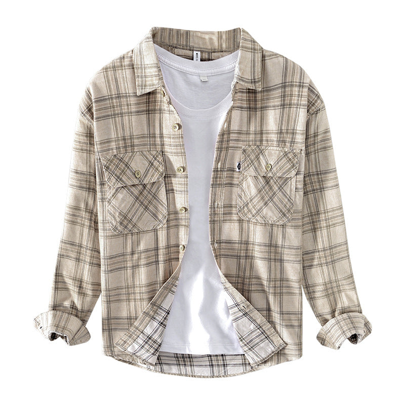 Men Corduroy Plaid Cotton Casual Long-sleeved Shirt