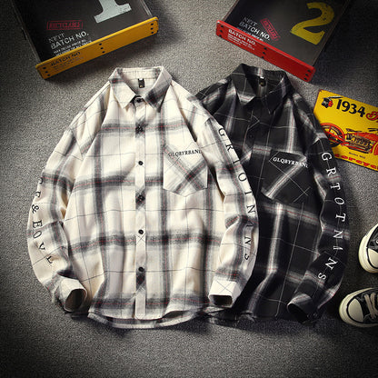 Spring Hong Kong Style Loose Plaid Printed Long-sleeved Shirt Men