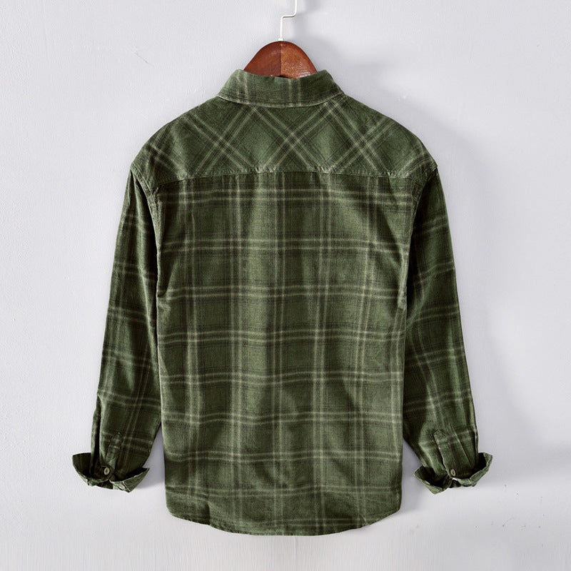 Men Corduroy Plaid Cotton Casual Long-sleeved Shirt