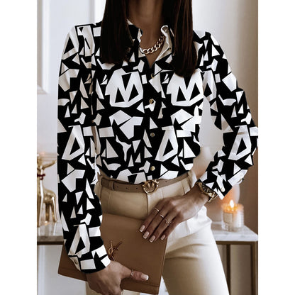 Spring And Autumn Long Sleeve Loose Printed Long Sleeve Lapel Mid-length Shirt