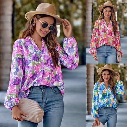 V-neck Fashion Printed Long Sleeve Slim-fit Top