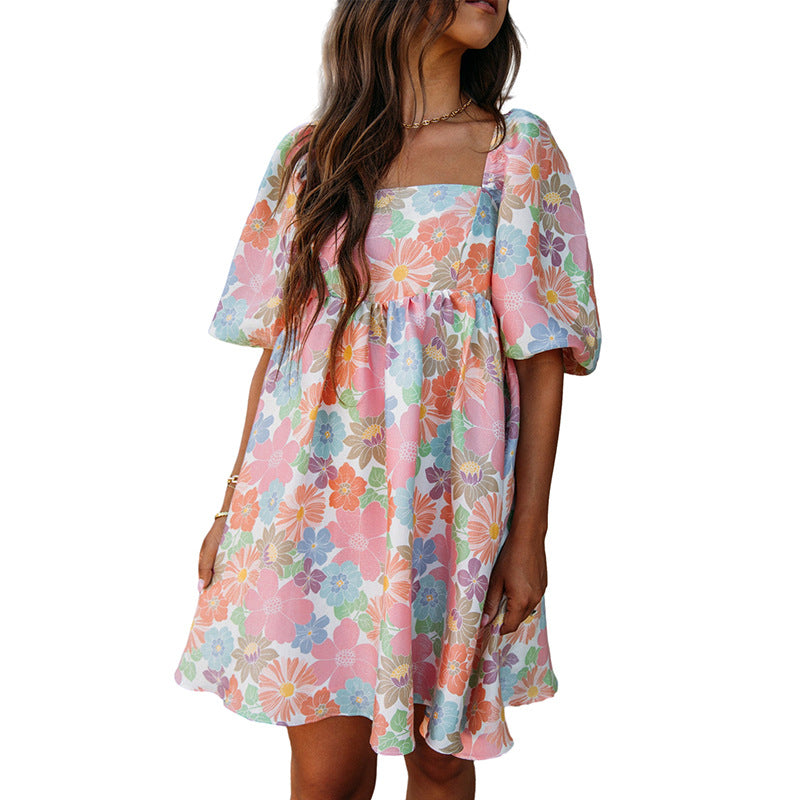 Summer New Floral Print Backless Short Sleeve Dress Women