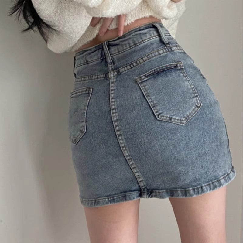 Retro High Waist Denim Skirt For Women