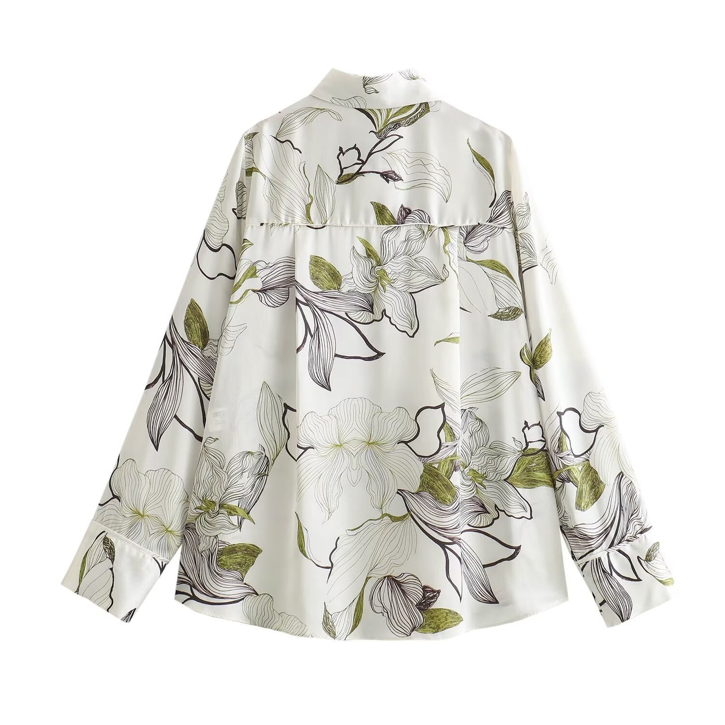 Spring New French Retro Printed Silk Satin Textured Shirt Top