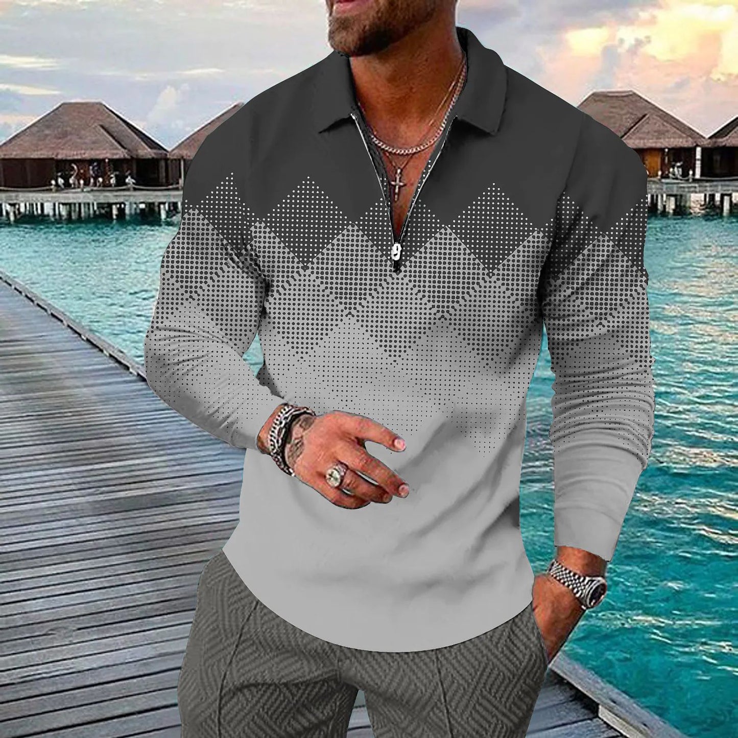 Geometric 3D Printing Long-sleeve Zipper Lapel Casual Shirt