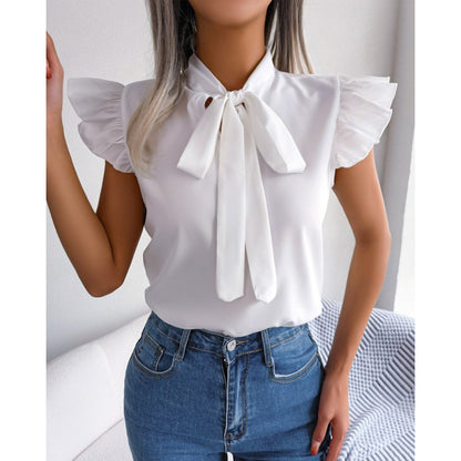 Summer Solid Color Minimalist Bowknot Short Sleeve Shirt