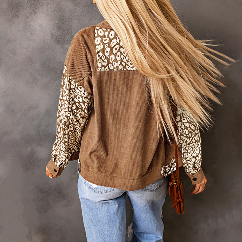 Women's Corduroy Jacket Leopard Splicing Jacket