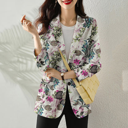 Women's Button Printed Long-sleeved Pocket Vintage Cotton And Linen Blazer