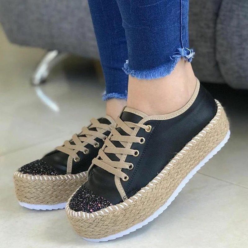 Sponge Cake Twine Bottom Sequined Lace-up Platform Fisherman Shoes