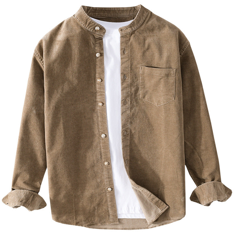 Men's Casual Stand Collar Retro Corduroy Long-sleeved Shirt