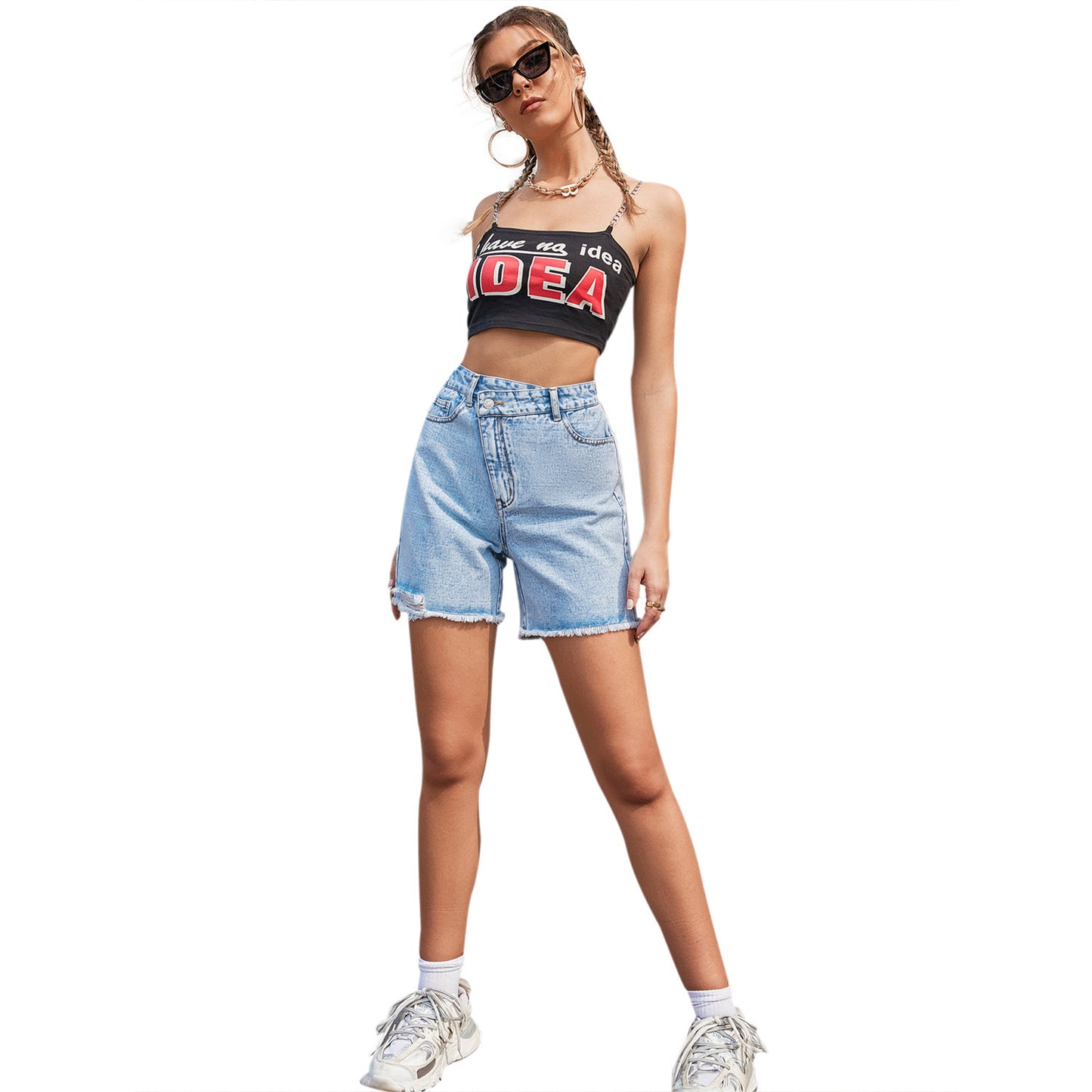 Women's Fashion High Waist Loose And Slimming Raw Edge Denim Shorts