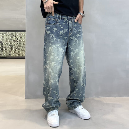 Men's Personalized Bird Jacquard Embroidery Denim Straight-leg Pants