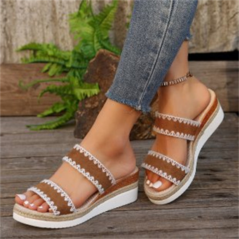 New Hemp Rope Woven Wedge Slippers Summer Ethnic Style Sandals Double Wide Strap Shoes For Women