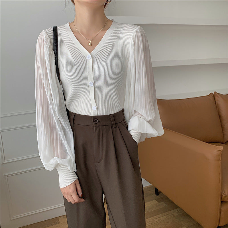 Retro V-neck Breasted Chiffon Patchwork Puff Sleeve