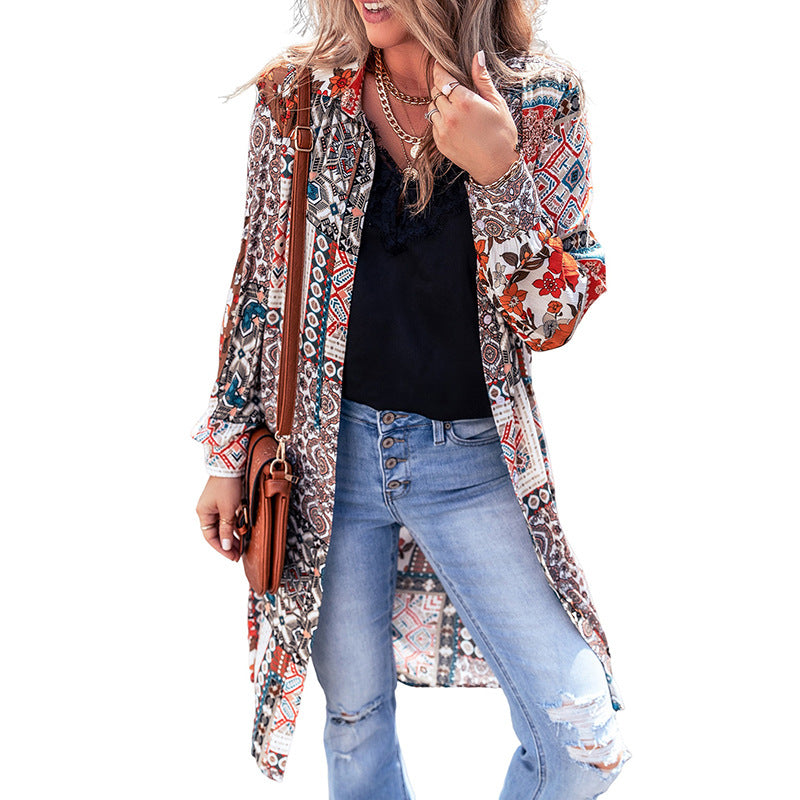 Printed Beach Cardigan Long Sleeve Top