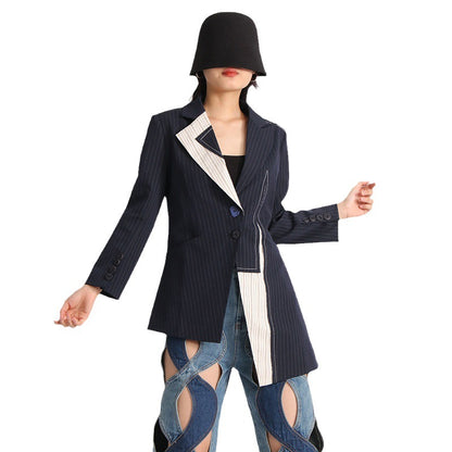 Irregular Fashion Design Sense Patchwork Stripes Coat Tight Waist Slimming Commuting Style Suit Jacket