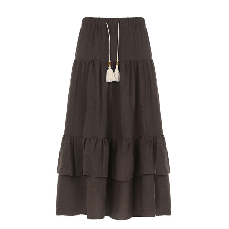 Women's Retro Ethnic Style Contrast Color Drawstring Flared Skirt