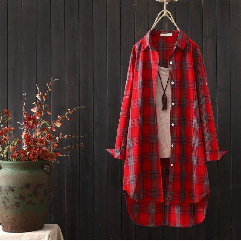 Women's Mid-length Loose Long Sleeve Top Plaid Shirt