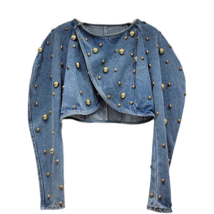 Design Sense Heavy Industry Fashion Wire Nail Rivet Puff Sleeve Cropped Denim Top