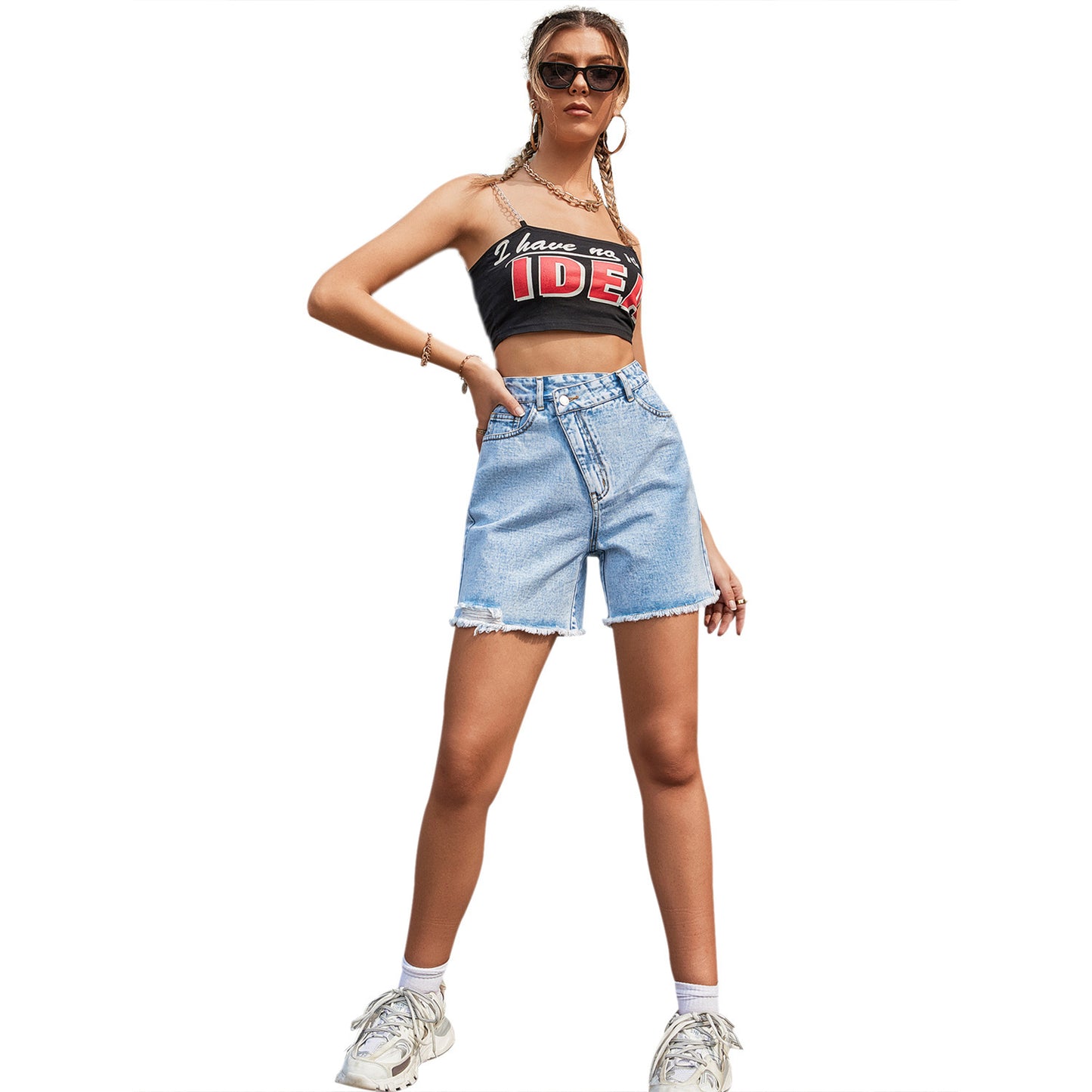 Women's Fashion High Waist Loose And Slimming Raw Edge Denim Shorts