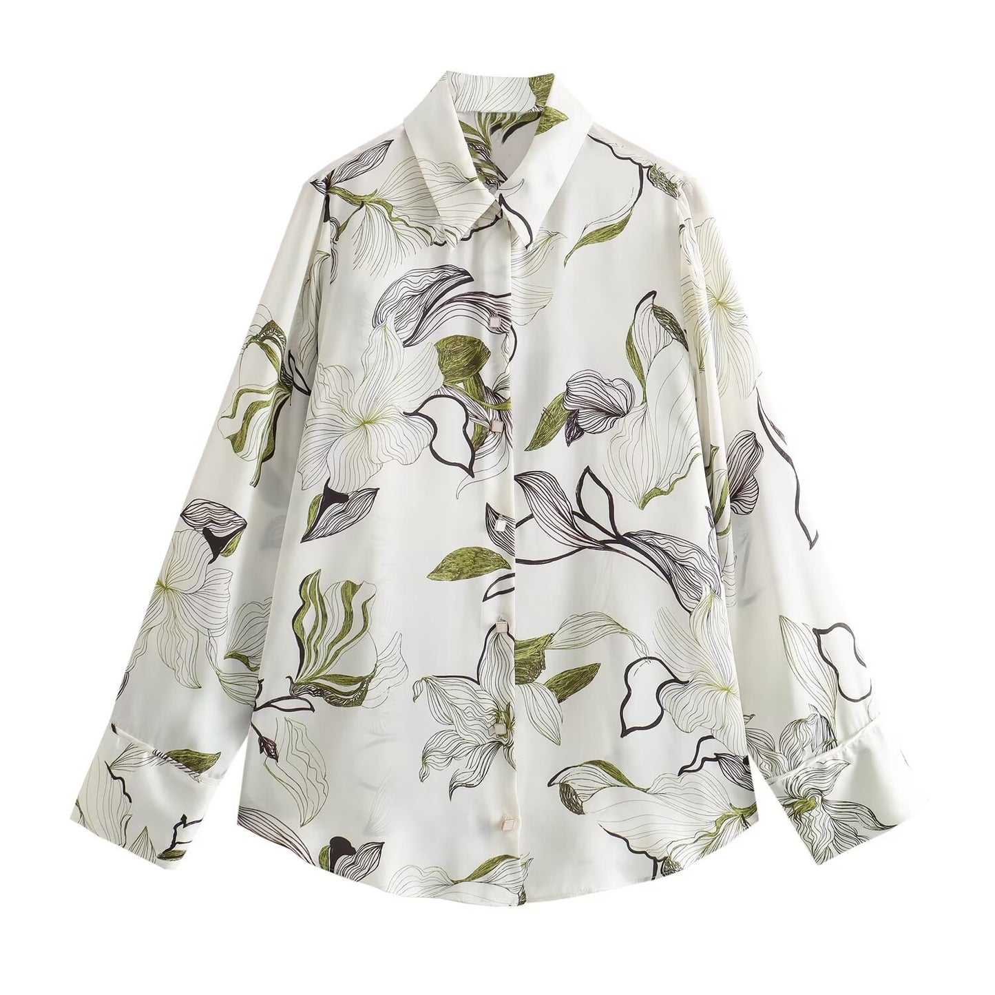 Spring New French Retro Printed Silk Satin Textured Shirt Top