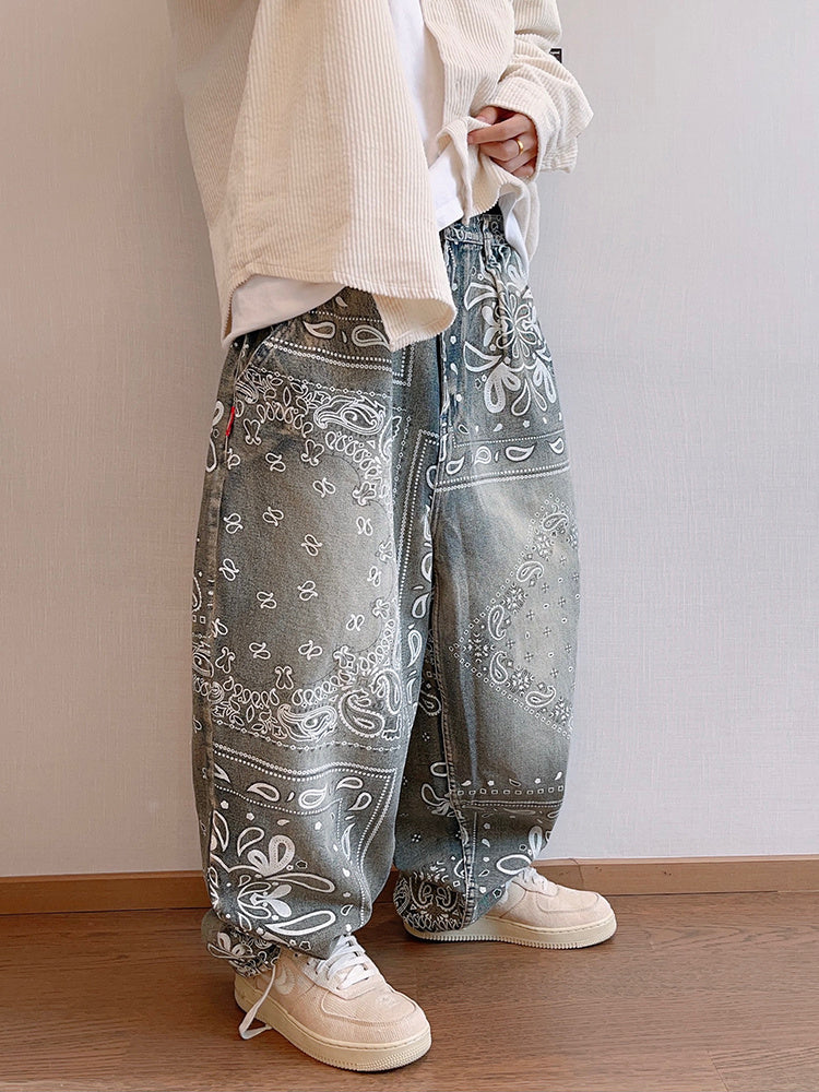 Retro Pu Shuai Worn Looking Washed-out Cashew Flower Loose Profile Jeans For Men