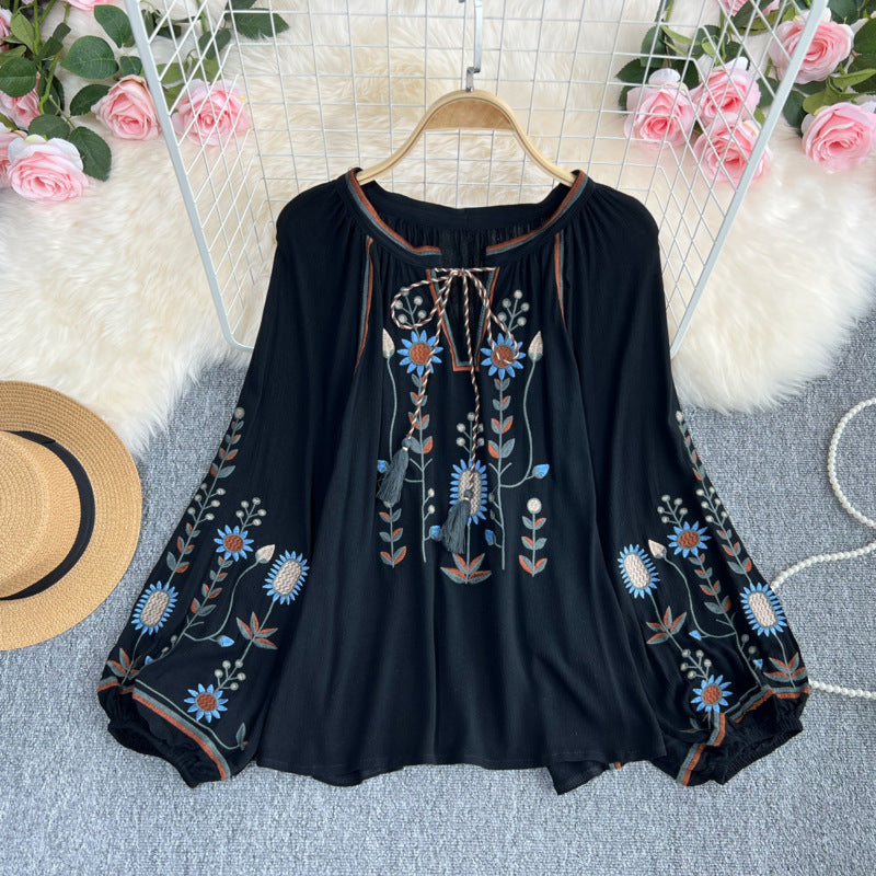 Embroidery Slimming Doll Top Female Round Neck Pullover Shirt